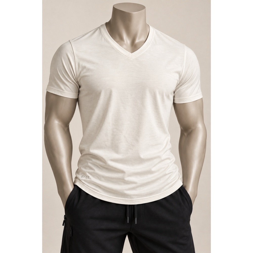 BYLT Premium Basics Lux V-Neck Tee Mens Medium Off White/Bone Curved Hem Stretch
